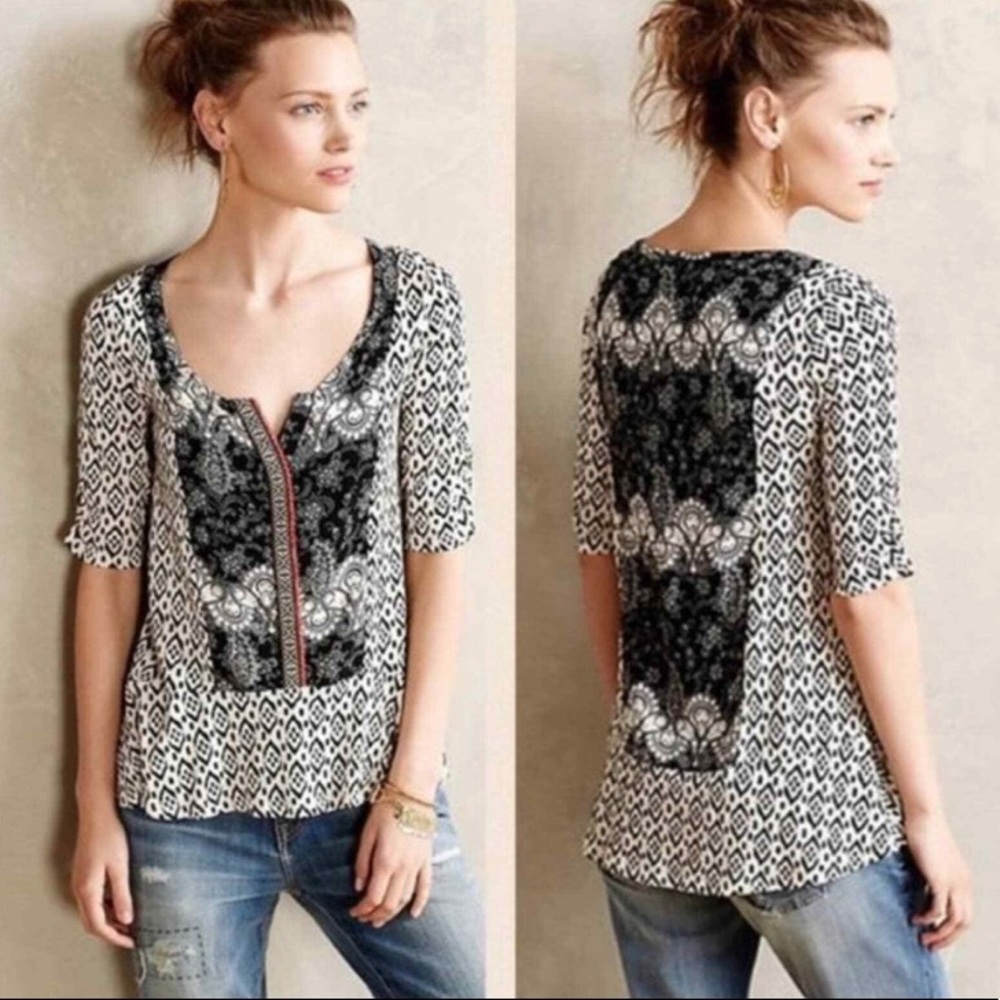 Akemi Kin Anthropologie Ikat Black white Top